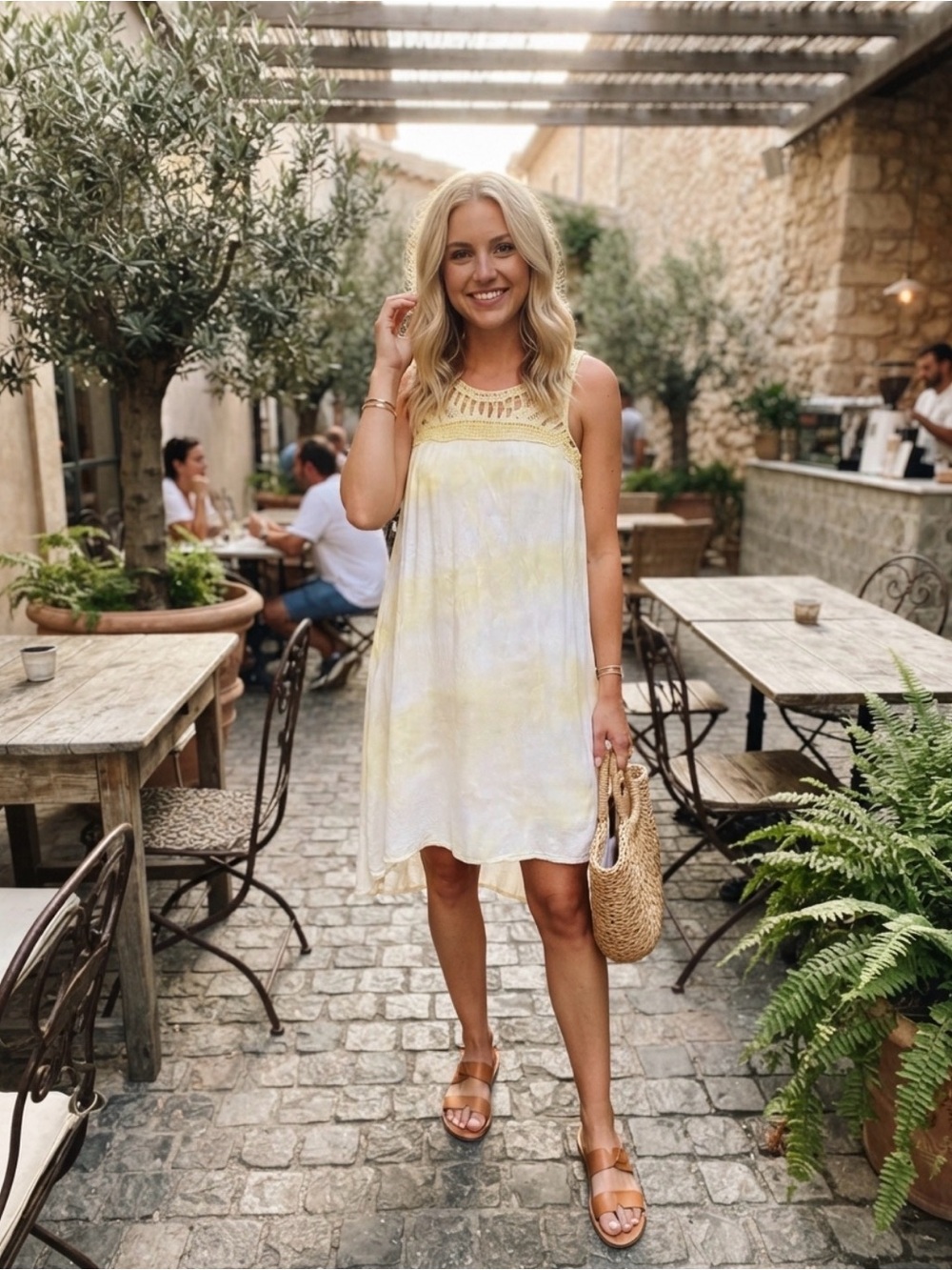 Studio West Yellow Tie-Dye Crochet Yoke Swim Coverup Dress